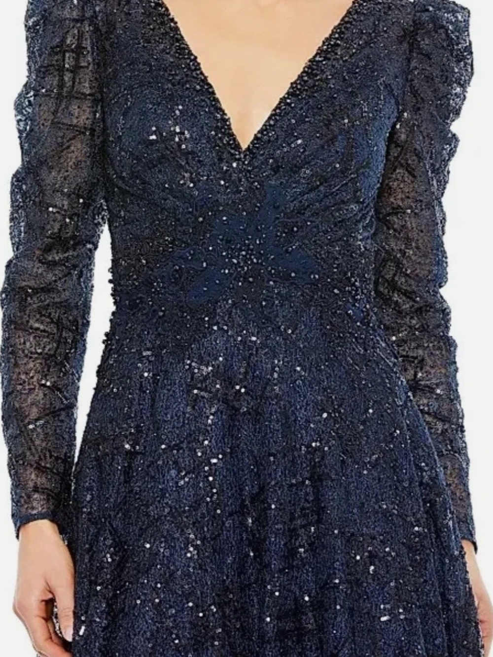 Mac Duggal Navy Embellished Beaded V-Neck Long Sleeve A Line Maxi Dress Size 20W